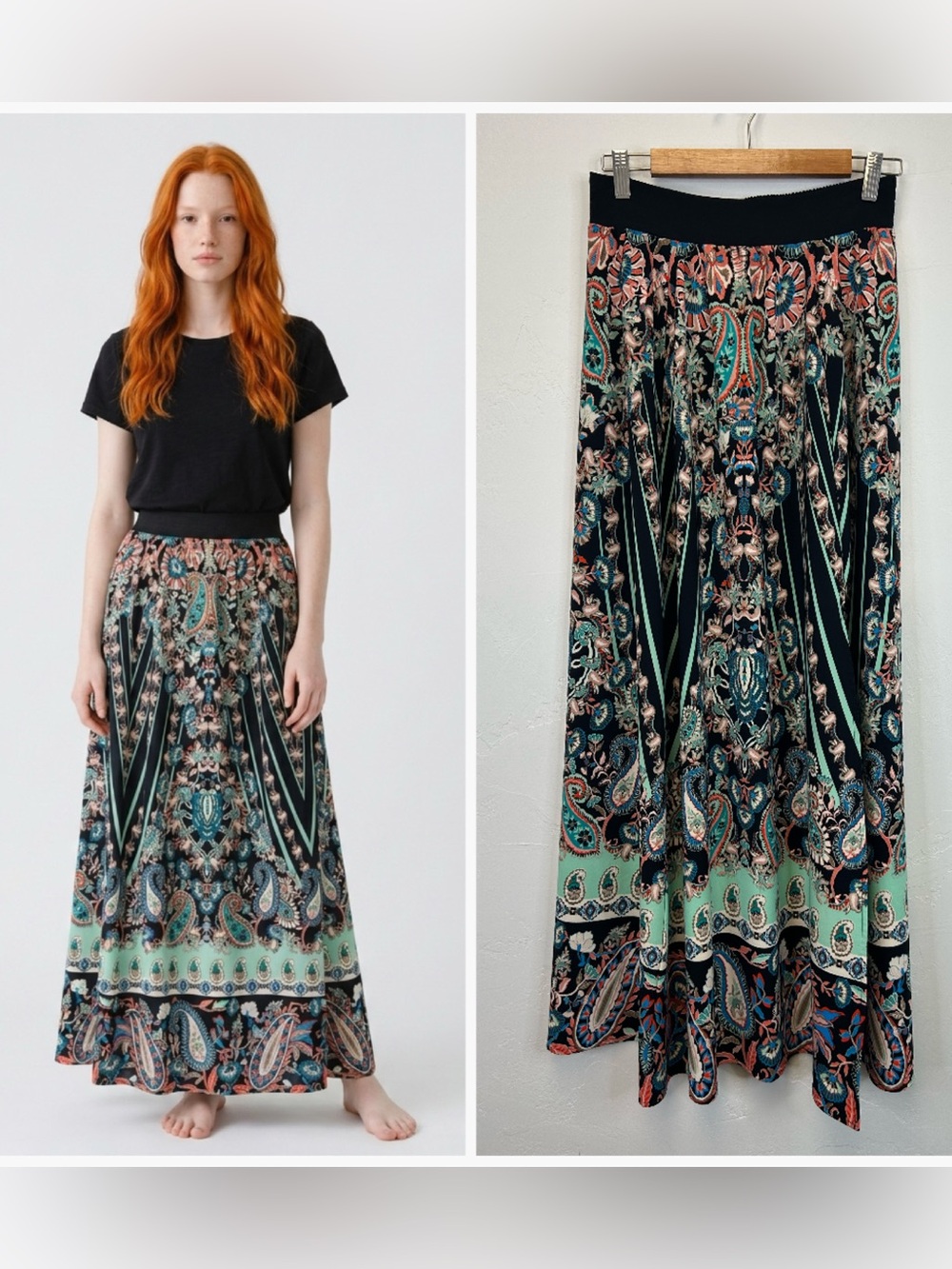 Whimsigoth Boho Paisley Maxi Skirt Size S Tall Floral Retro Flowy Hippie Fest